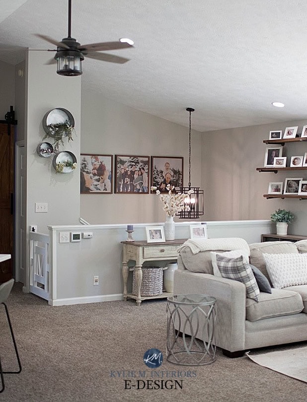 Split-level home, beige taupe carpet, Benjamin Moore Collingwood walls, white trim, livingroom and staircase. Kylie M Interiors Edesign, home update ideas and diy decorating blogger (3)