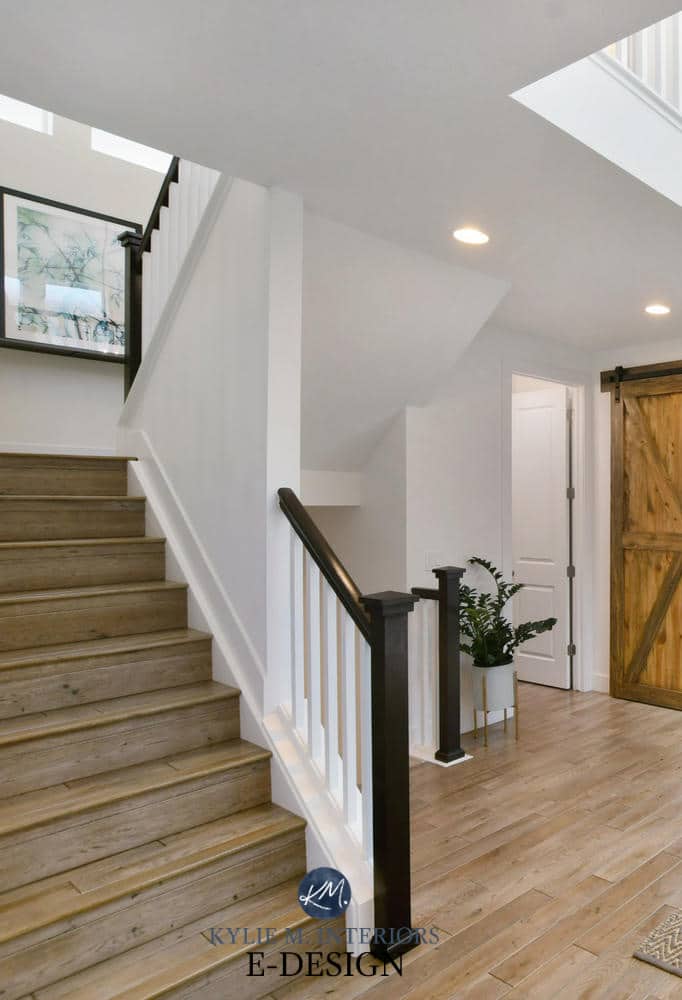Staircase, white spindles, wood stairs, best white paint colour, Sherwin Williams Pure White. Kylie M Interiors Edesign, online paint color consulting