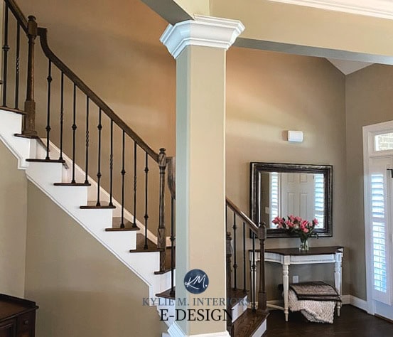 Warm beige paint colour, Sherwin Williams Universal Khaki, dark wood stair railing. Kylie M Interiors Edesign