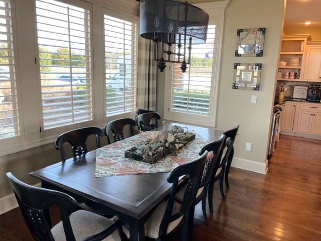 Dark wood dining set, wood floor, Benjamin Moore Lenox Tan paint on walls, Irish Cream trim.