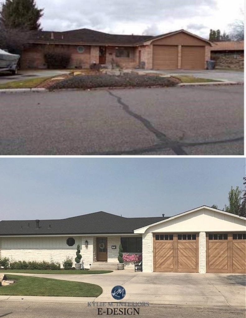 Exterior before and after. Stone and brick painted a warm cream off-white paint colour with wood look garage doors, dark gray black roof. Kylie M Interiors Edesign, online paint colour advice.