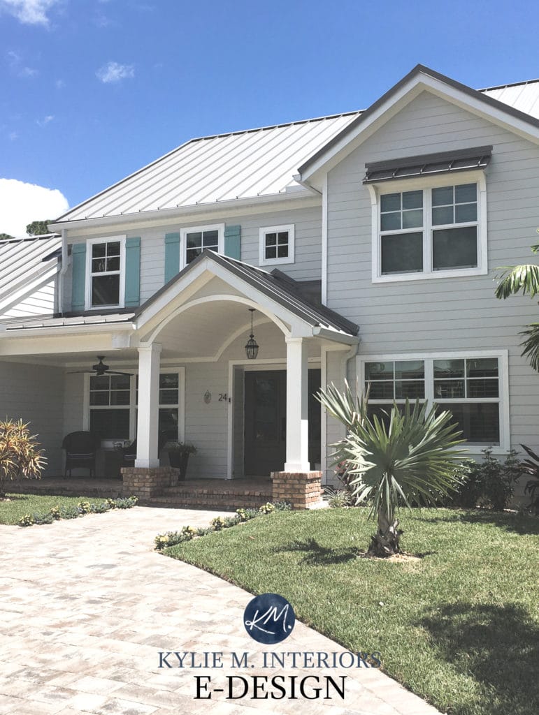 Exterior siding painted Benjamin Moore Gray Owl, white trim, teal blue green shutters, grey metal roof. Kylie M Interiors Edesign, online paint color expert (3)
