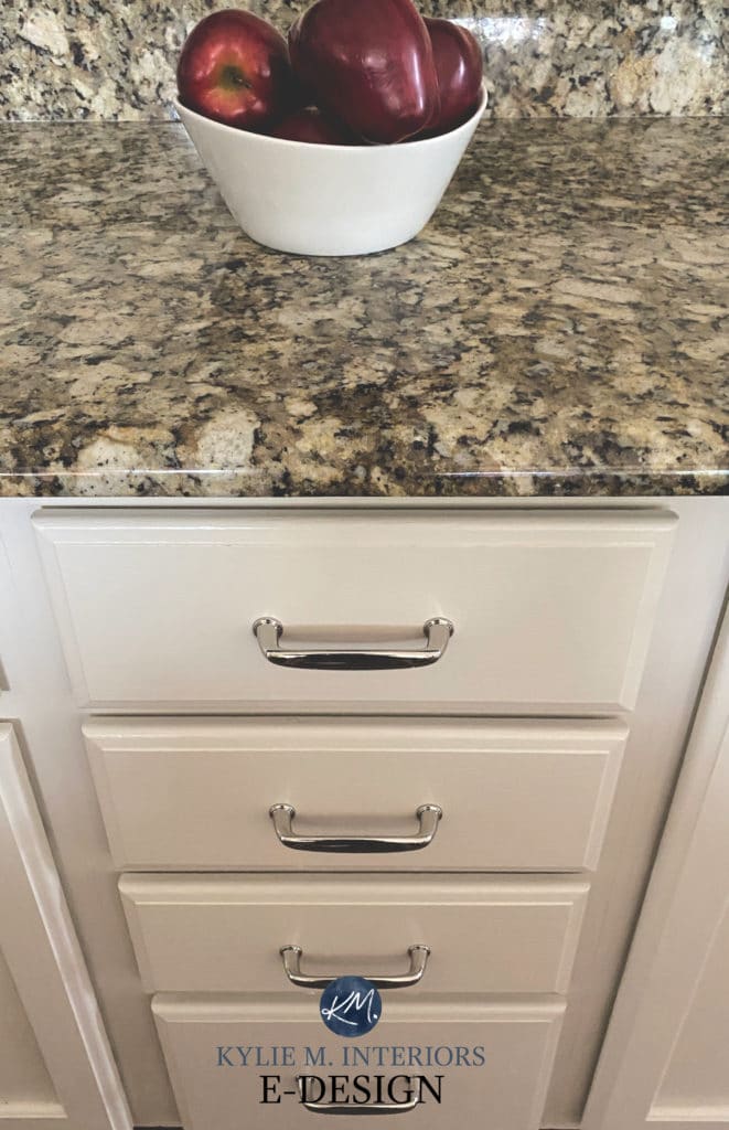 Sherwin Williams painted off white cabinets with granite countertop. Kylie M Interiors Edesign, online paint colour consulting (1)