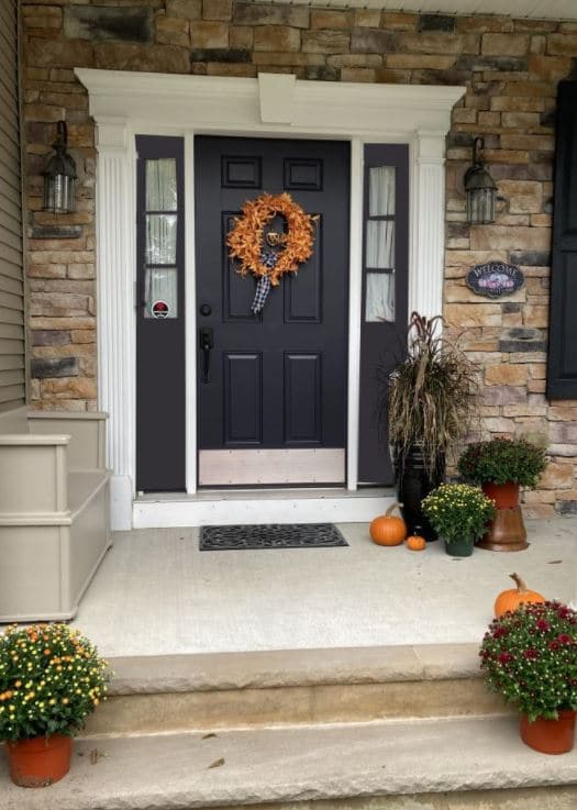 Front door with sidelights painted a dark purple black paint colour with stone on exterior. Kylie M Interiors Edesign, Certa pro visualizer