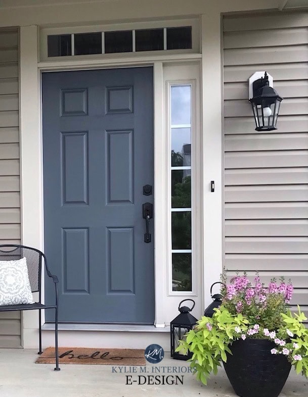 Sherwin Williams Web Gray, beige siding, cream trim. Kylie M INteriors. Sidelight kept white. Edesign, virtual paint colour services.