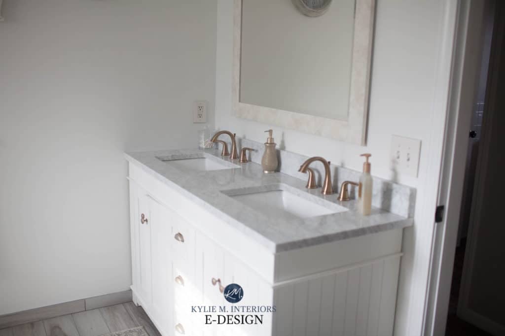 Bathroom white vanity, marble countertop, best white paint colour Benjamin Moore Decorators White, Kylie M Interiors Edesign, diy decorating blogger and advice