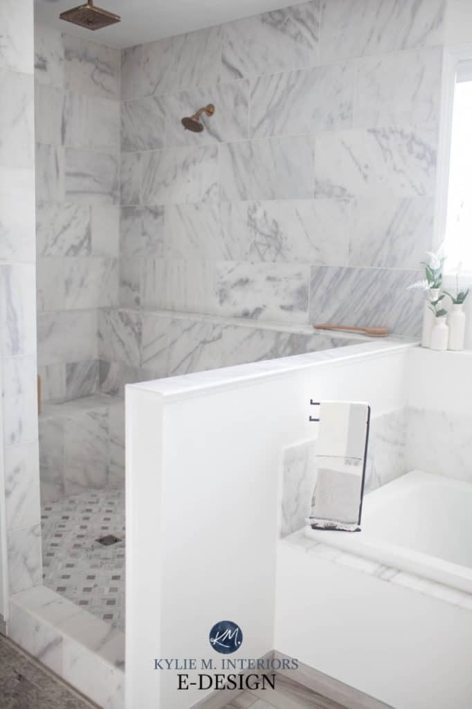 Bathroom with walk in shower, marble tile walls and floor, Best white paint colour, Benjamin Moore Decorators White. Kylie M Interiors Edesign, online diy decorating and advice blogger