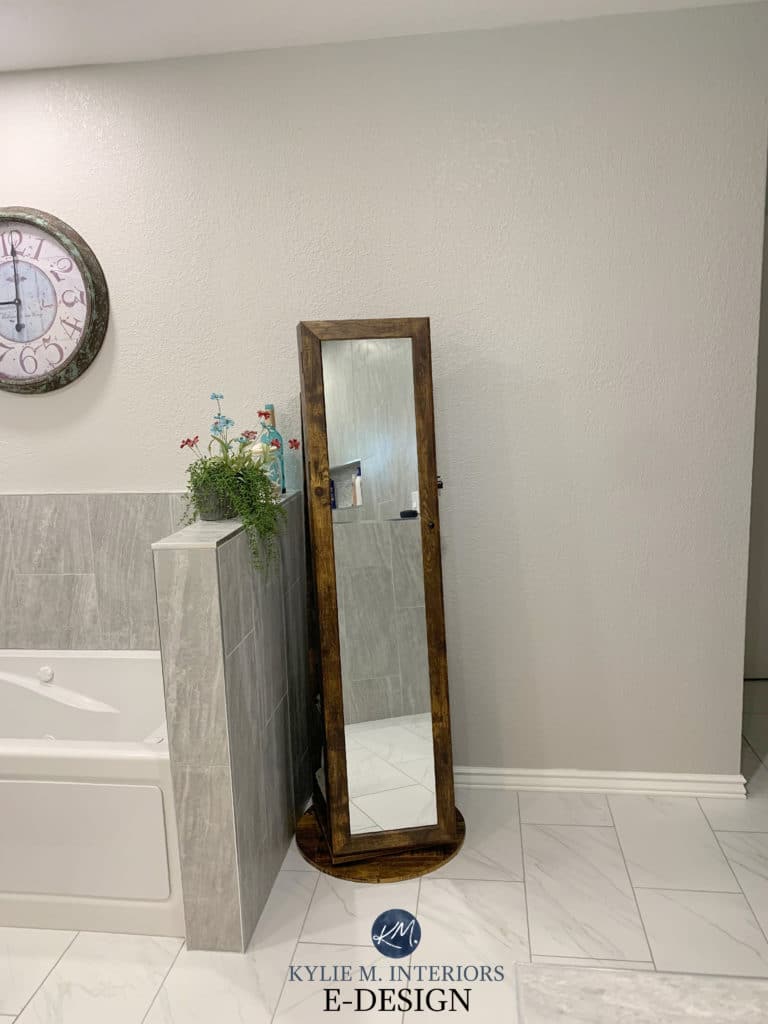Benjamin Moore Nimbus in bathroom, warm gray, greige taupe tiles. Kylie M Interiors Edesign, diy advice blogger