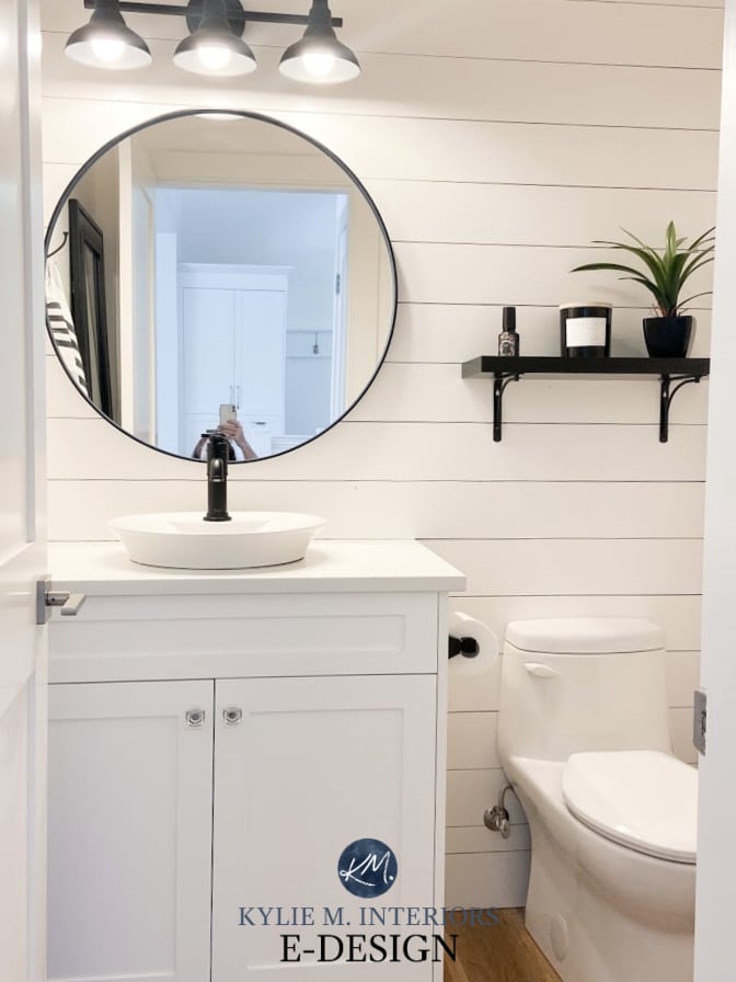 Benjamin Moore Super White, best white paint color, powder room small bathroom, shiplap, round mirror, black faucet, Kylie M Interiors Edesign - modern farmhouse style