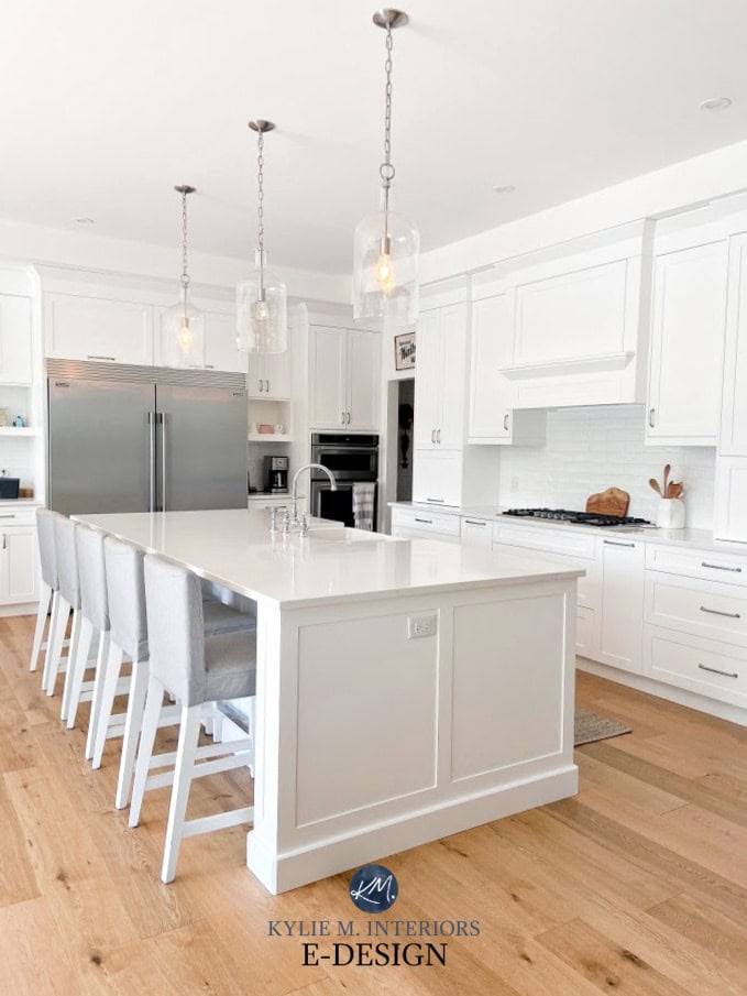 Benjamin Moore Super White match on kitchen cabinets with Silestone Calacatta Gold white quartz countertop, white oak, subway tile. Kylie M Interiors Edesign