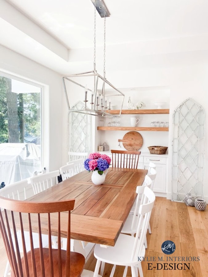 Best white paint color, Benjamin Moore Super White. Modern farmhouse dining room, white oak, floating shelves, chandelier. Kylie M INteriors Edesign, online paint colour consulting