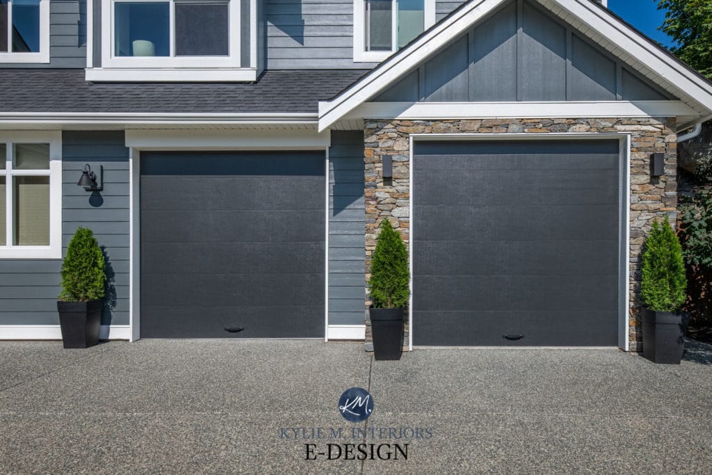 Exterior siding, similiar to Hardie Iron Gray. Review of Sherwin Williams Roycroft Pewter, black garage doors, white trim. Stone. Kylie M Interiors Edesign, virtual advice