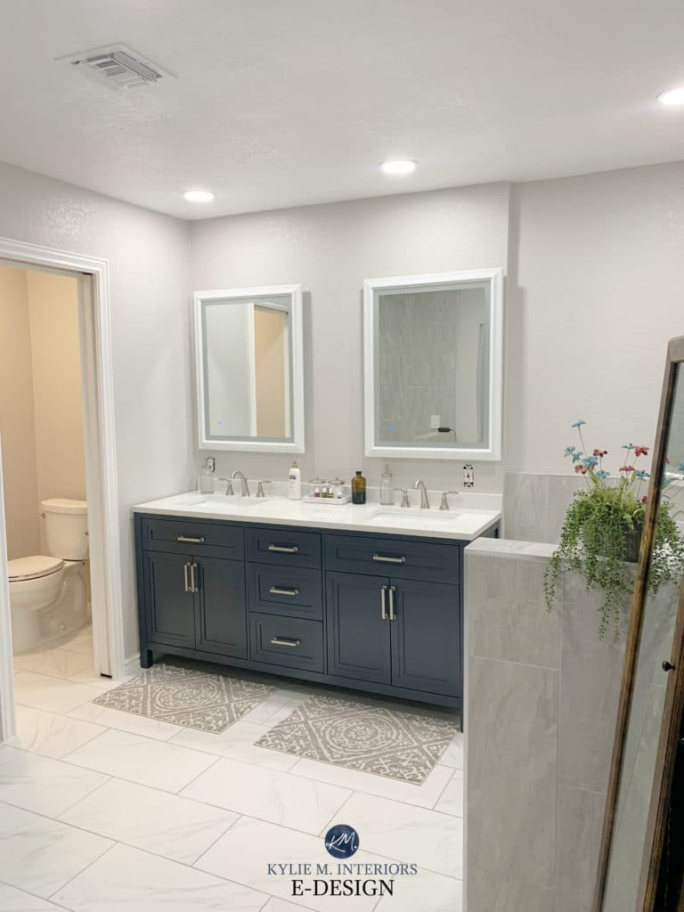 Navy blue vanity, Benjamin Moore Nimbus walls with warm gray, greige, taupe tiles. Kylie M E-design, interiors blogger and diy advice.