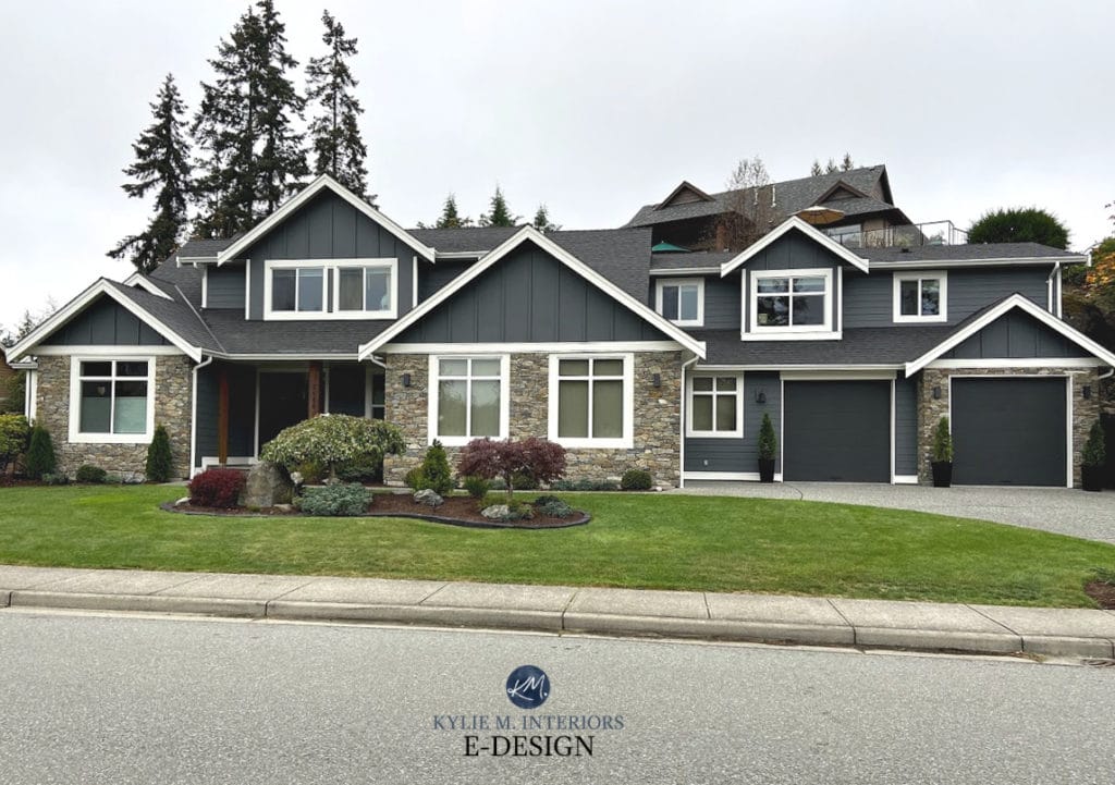 Review of Sherwin Williams Roycroft Pewter, dark gray paint color on exterior, similar Hardie Iron Gray. Kylie M Interiors Edesign (1)