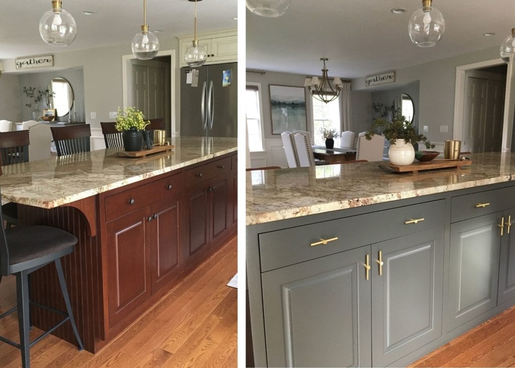 Wood kitchen island, painted Sherwin Williams Urbane Bronze, orange hue granite countertop, wood floor. Kylie M Interiors Edesign diy