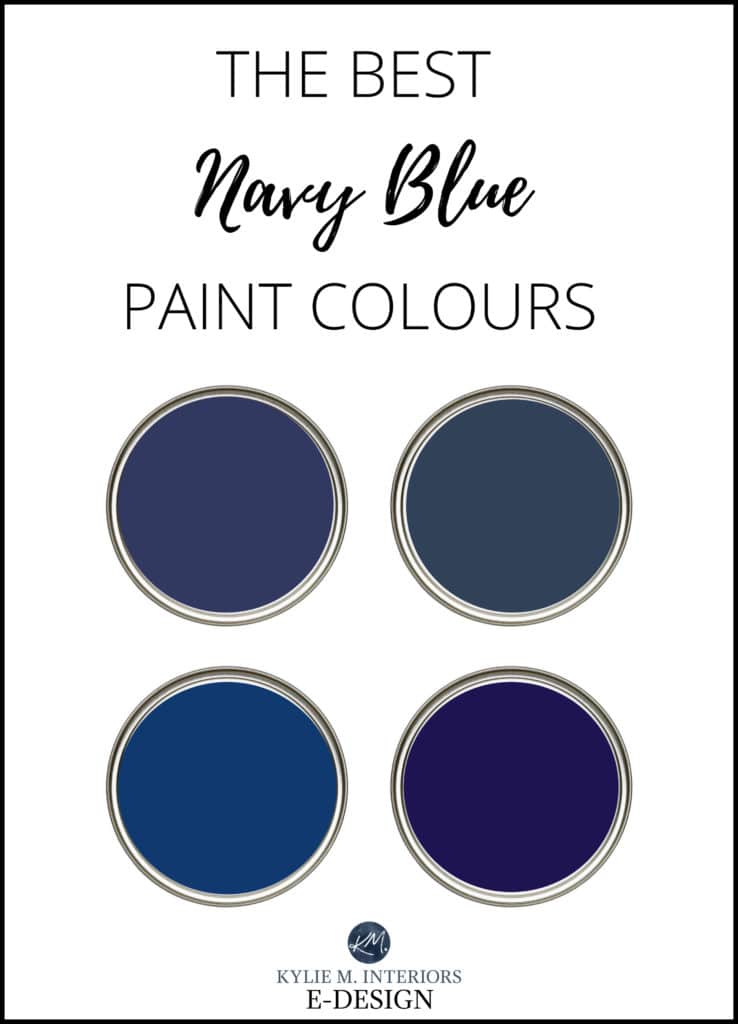 The best, most popular navy blue paint colours - cabinets, island, front door, feature wall. Benjamin and Sherwin. Kylie M Interiors Edesign