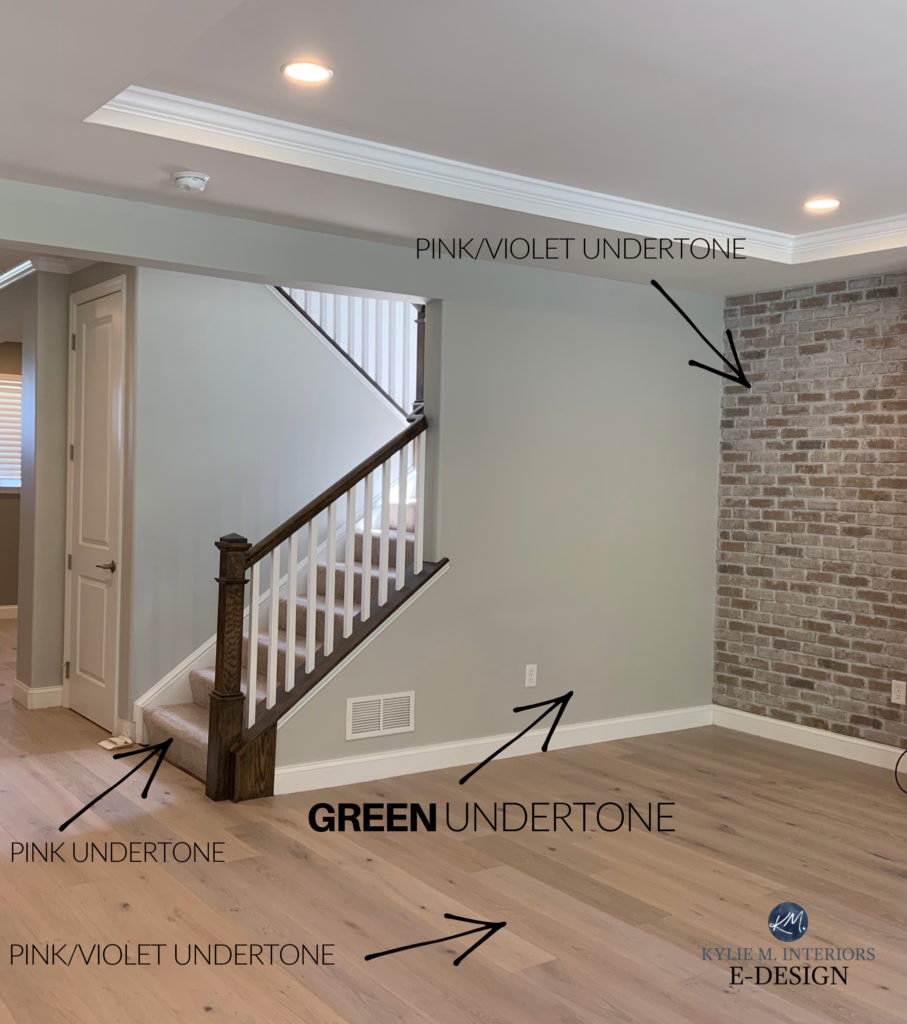 Agreeable Gray and its undertones, room with wood floor, brick. Kylie M Interiors Edesign