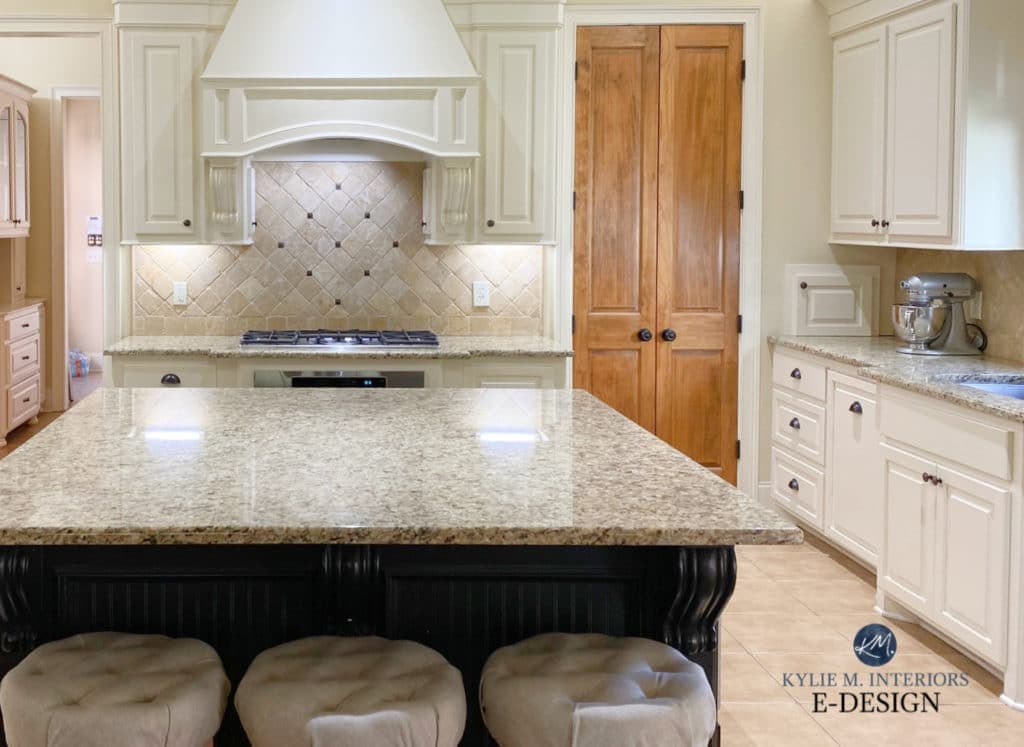 Antique White painted cabinets. Granite countertops are Santa Cecilia granite, Antique White. Kylie M Interiors Edesign before