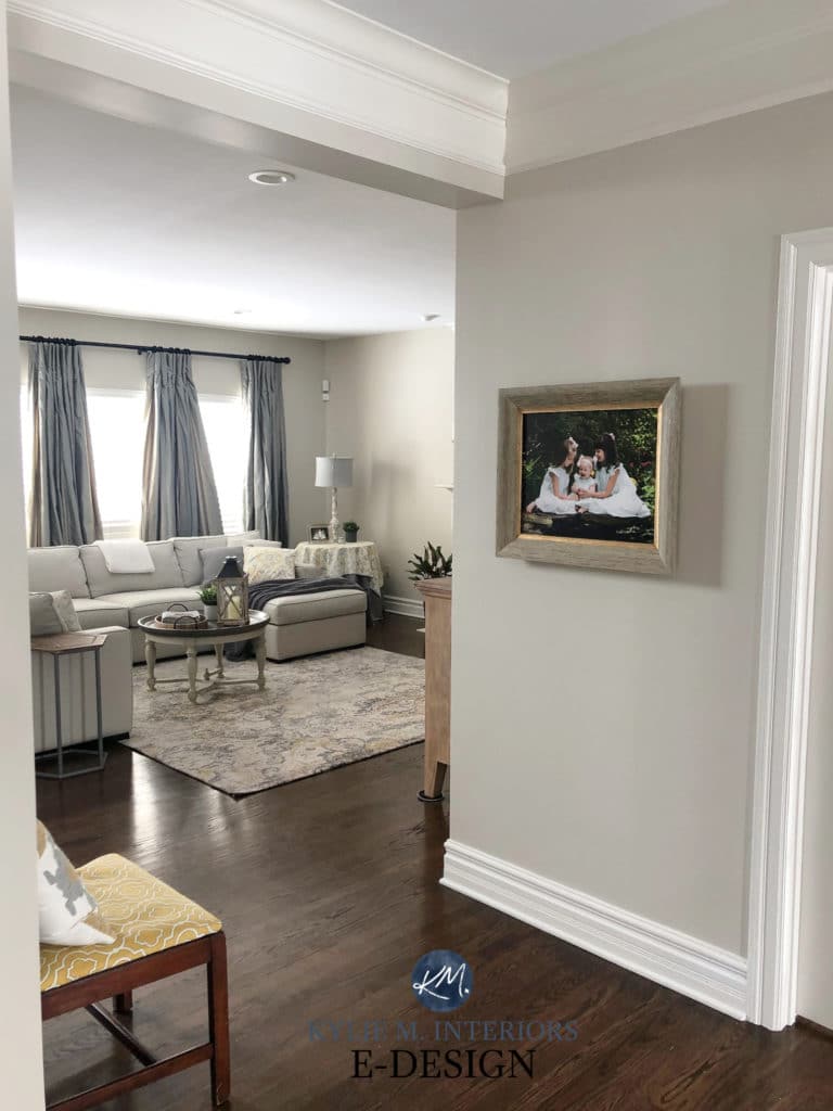 Benjamin Moore Edgecomb Gray, creamy trim, dark wood flooring. Kylie M Interiors, best neutral greige or taupe color. E-design, decorating and design blogger advice