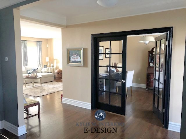 Benjamin Moore Stone House, top beige paint colour. Wood floor, black painted french doors. Kylie M Edesign, DIY decor and color advice blogger