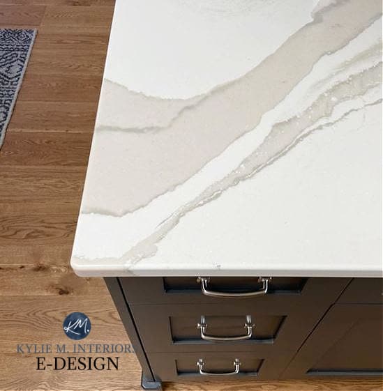 Cambria Brittanica Warm, Urbane Bronze Sherwin painted island, white oak flooring Goodfellow. Kylie M Interiors Edesign.