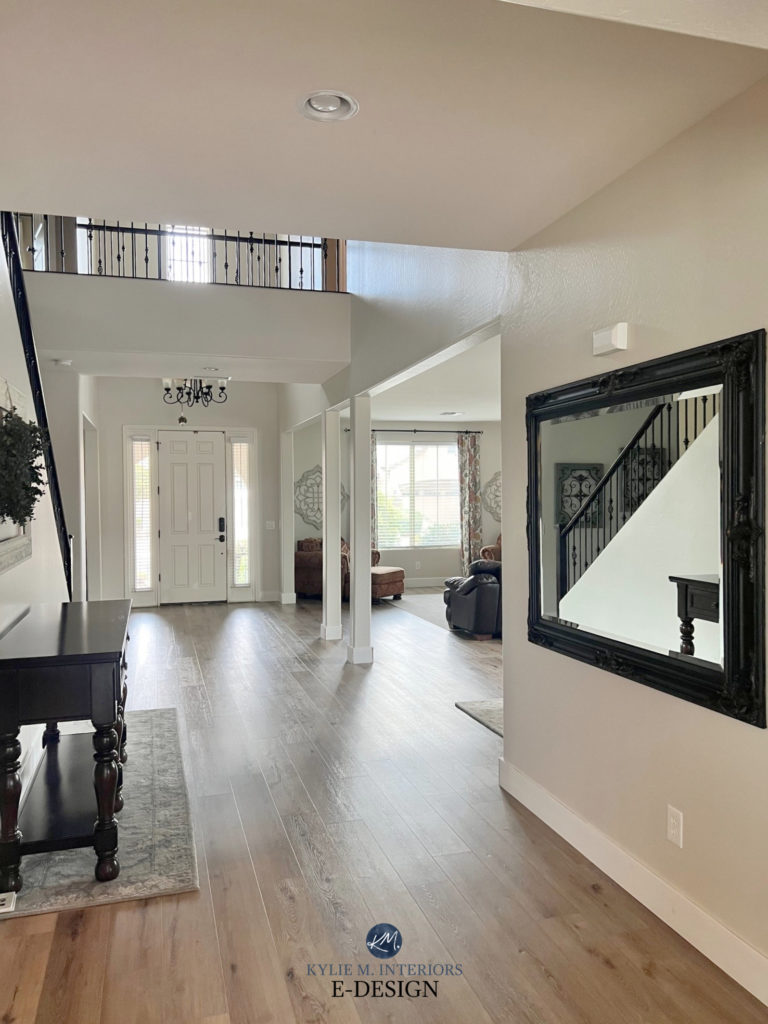 Entryway and open layout hallway, living room, catwalk, painted Benjamin Moore Edgecomb Gray with Pure White trim, wood floor. Kylie M Edesign (1)