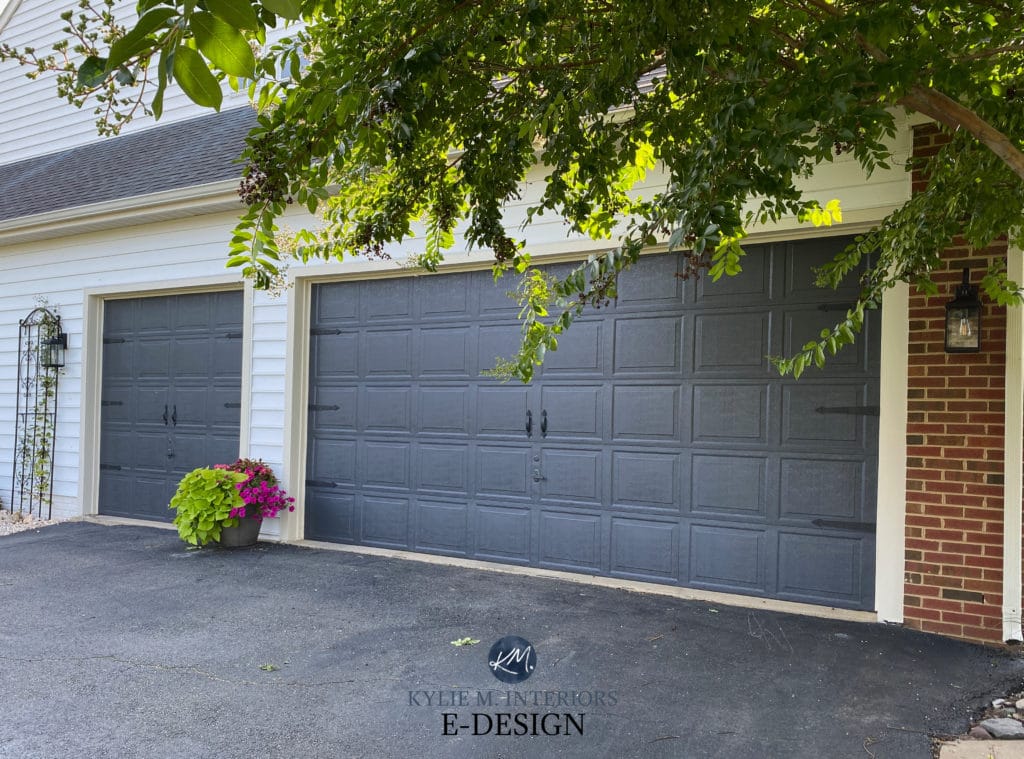 Exterior red brick, garage doors painted black dark navy paint colour, Cheating Heart, Benjamin Moore. Kylie M Edesign, diy online paint color consultant