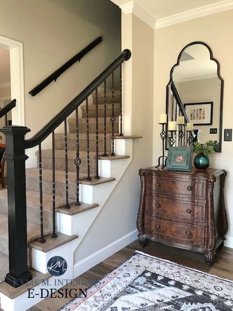 Foyer, entryway, Benjamin Moore Edgecomb Gray walls, White Dove trim, painted stair railing black. Kylie M Interiors Edesign, DIY, online paint color consultant