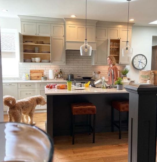 Kitchen, cabinets painted Benjamin Moore Revere Pewter, Urbane Bronze island, Cambria Brittanica quartz. KYLIE M INTERIORS EDESIGN, BLOGGER
