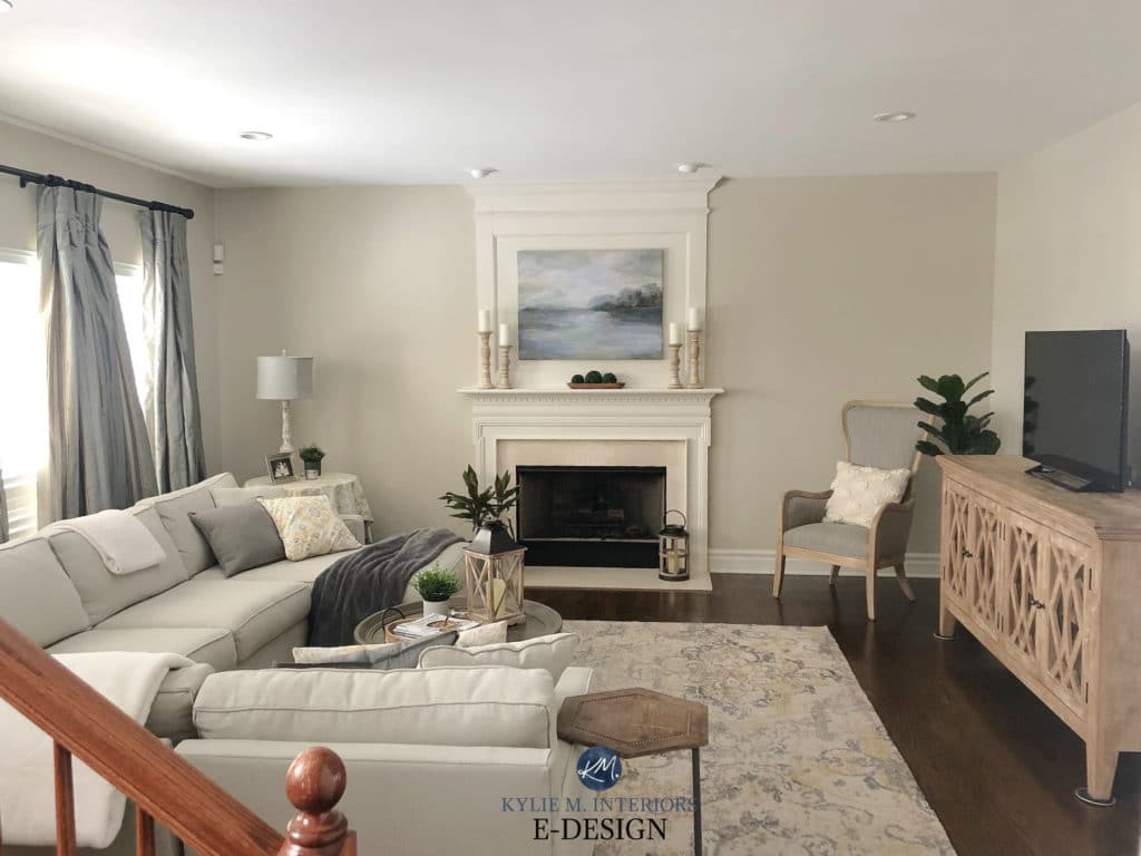 Living room, tan sectional sofa, cream trim and fireplace, dark wood flooring. Edgecomb Gray neutral by Benjamin Moore. Kylie M Interiors Edesign, diy online advice