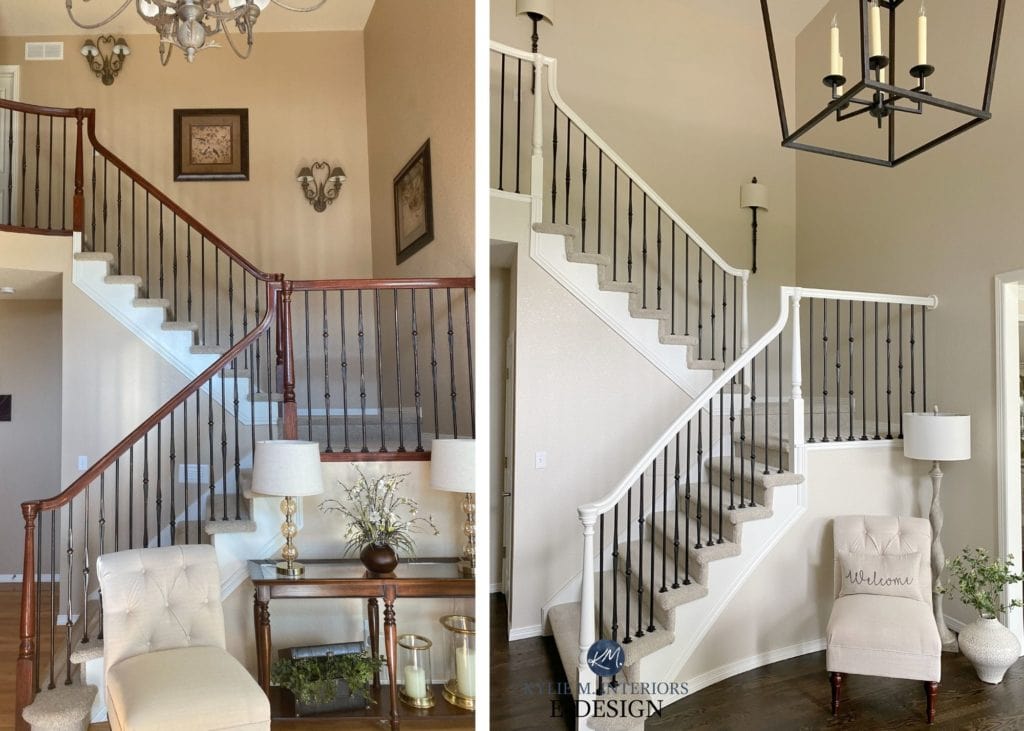 Painted wood stair railing, white, painted metal spindles. Edgecomb Gray, beige carpet, White Dove, dark oak floor. Update ideas for 2000s staircase