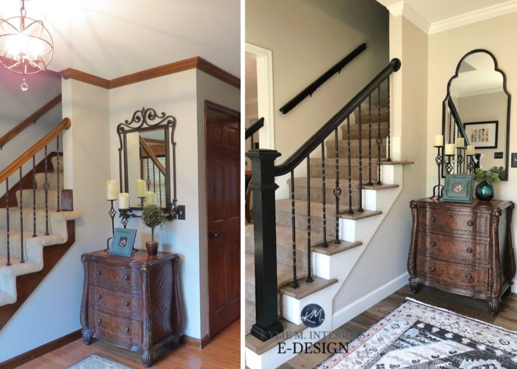 Painted wood trim and stair hand rail. Benjamin Moore Edgecomb Gray, White Dove, black stair railing. Traditional transitional style. Kylie M Interiors edesign, foyer.