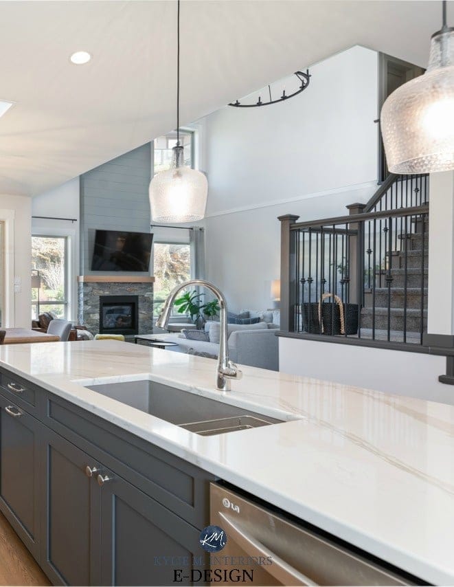 Pendant lights Wayfair , Cambria Brittanica Warm quartz countertop, Urbane Bronze Sherwin painted cabinets. Kylie M Interiors Edesign