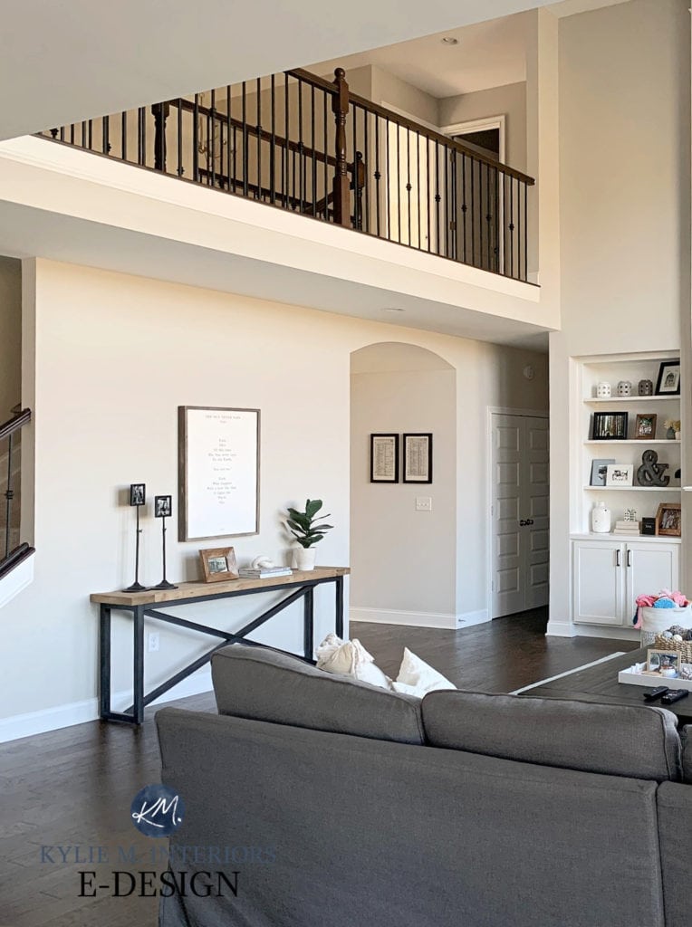 Sherwin Williams Agreeable Gray, transitional style living room, two storey, white trim, modern farmhouse style. Kylie M Interiors. Client before photo