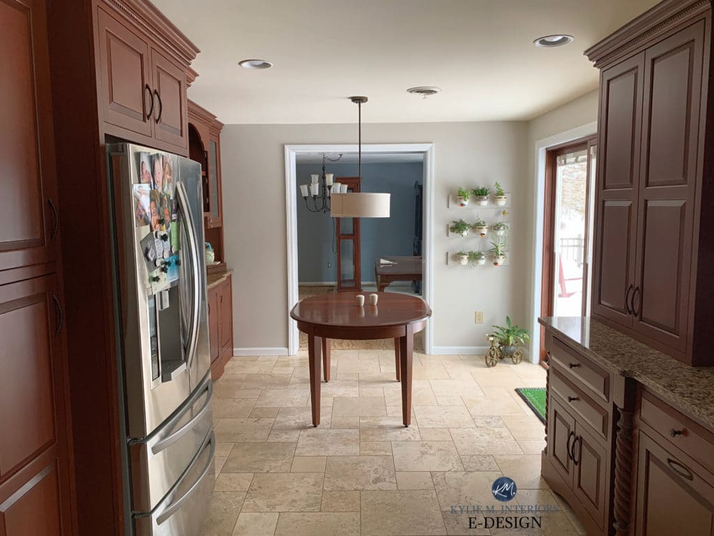 Travertine tile, floor, Benjamin Moore Collingwood gray walls, cherry wood cabinets. Kylie M Interiors Edesign