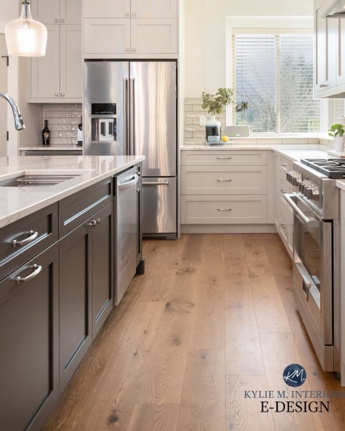 White oak flooring, Goodfellow engineered. Kitchen, Revere Pewter, Urbane Bronze painted cabinets. Kylie M Interiors Edesign