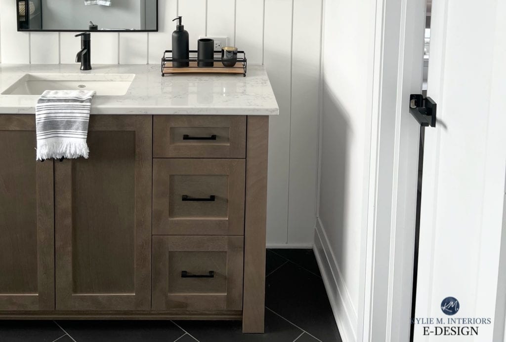 Benjamin Moore Chantilly Lace, popular white paint colour. Wood vanity, white marble look quartz countertop, vertical shiplap, gray tile floor. Kylie M Interiors