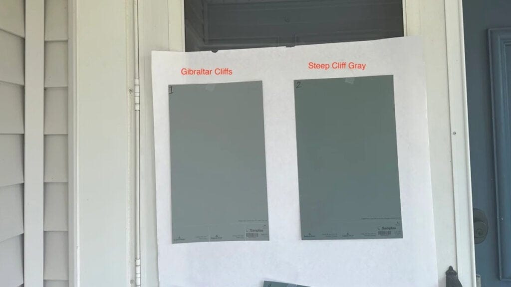 Benjamin Moore Gibraltar Cliffs compared to Steep Cliff Gray peel and stick samples in natural light