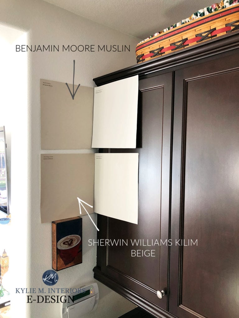 Difference between Benjamin Moore Muslin, Sherwin Kilim Beige, best warm neutrals. Kylie M Interiors.