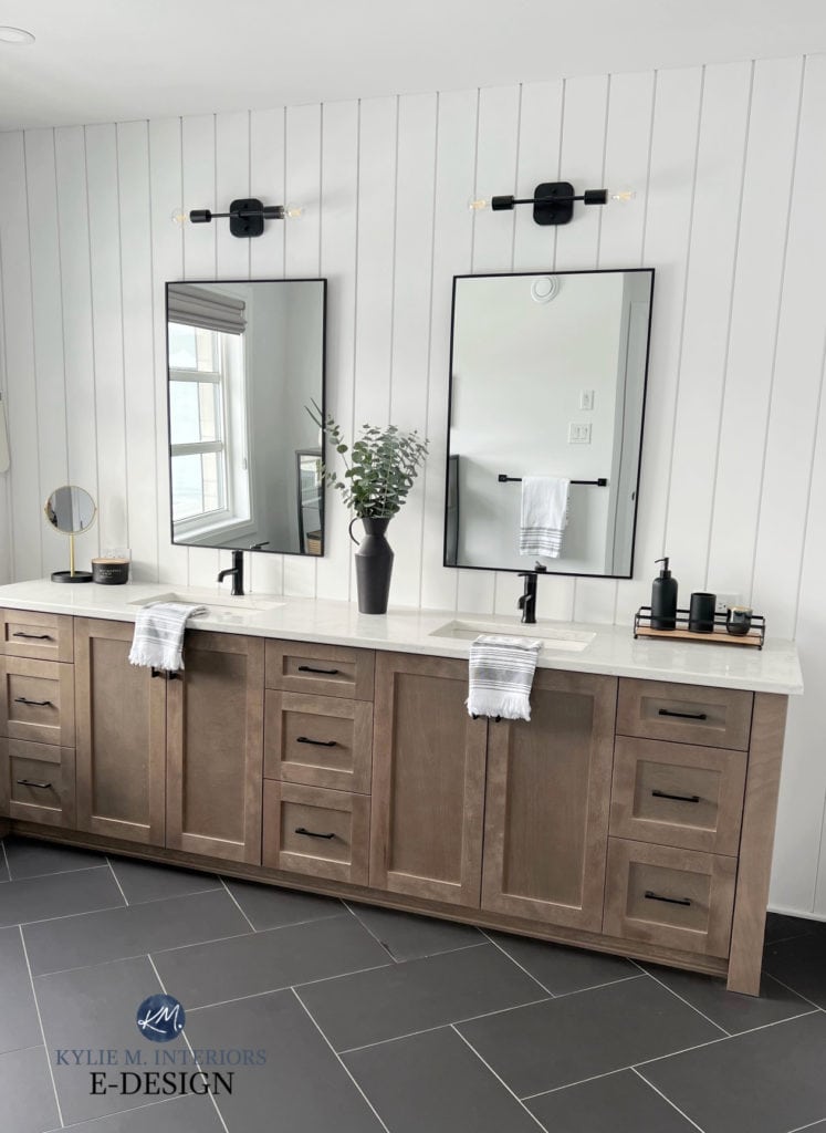 Ensuite bathroom, double wood vanity, marble look quartz countertop, black accents, gray herringbone tile floor. Benjamin Moore Chantilly Lace on vertical shiplap. Kylie M Interiors Edesign,