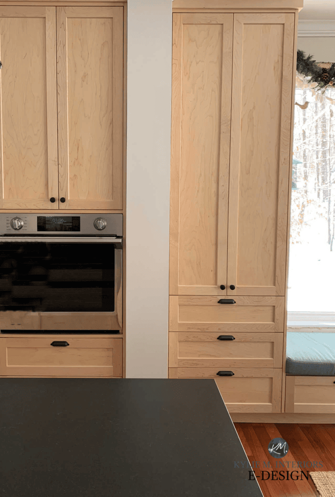 Pink hue wood kitchen cabinets with warm gray, greige, taupe paint colour, Sherwin Williams City Loft. Kylie M Interiors Edesign, diy update ideas