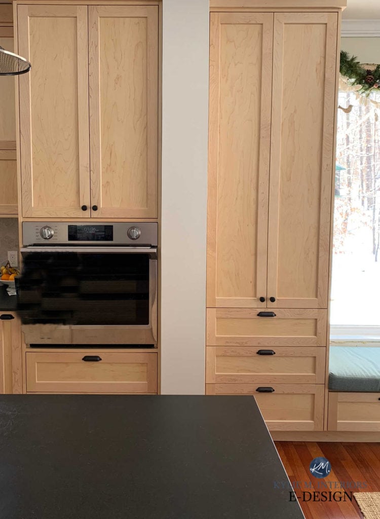 Sherwin Williams City Loft, warm gray, taupe, greige paint colour with pink hue wood cabinets. Kylie M Interiors Edesign
