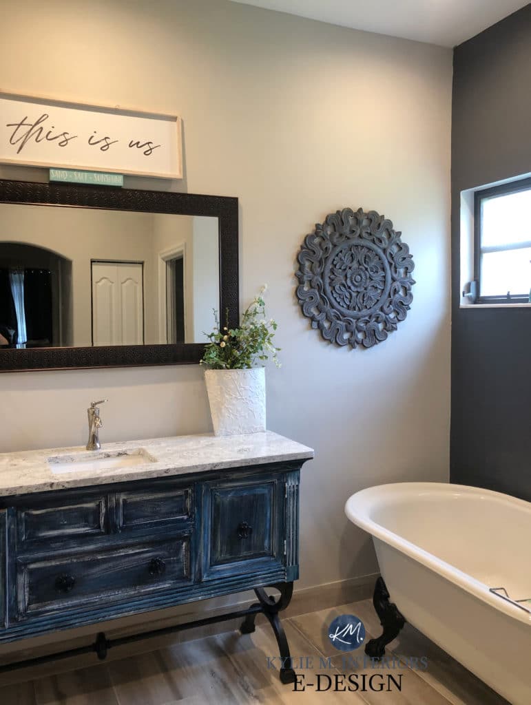 Benjamin Moore Collingwood with Sherwin Williams Peppercorn feature wall in primary bathroom, Kylie M Interiors Edesign, online diy ideas (2)