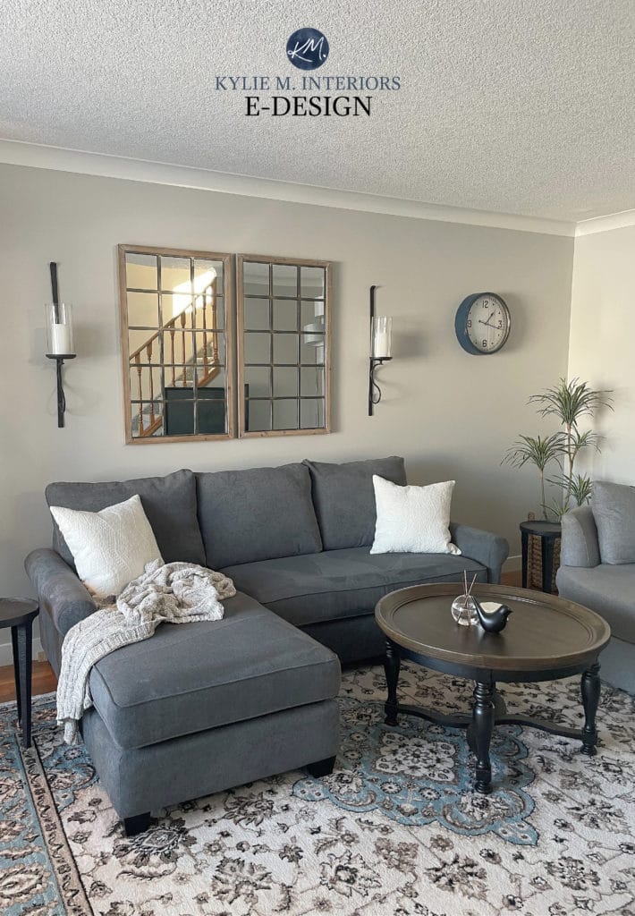 Benjamin Moore Rodeo, warm gray paint colour, living room, dark gray sectional. Kylie M Interiors Edesign, online paint color consultant