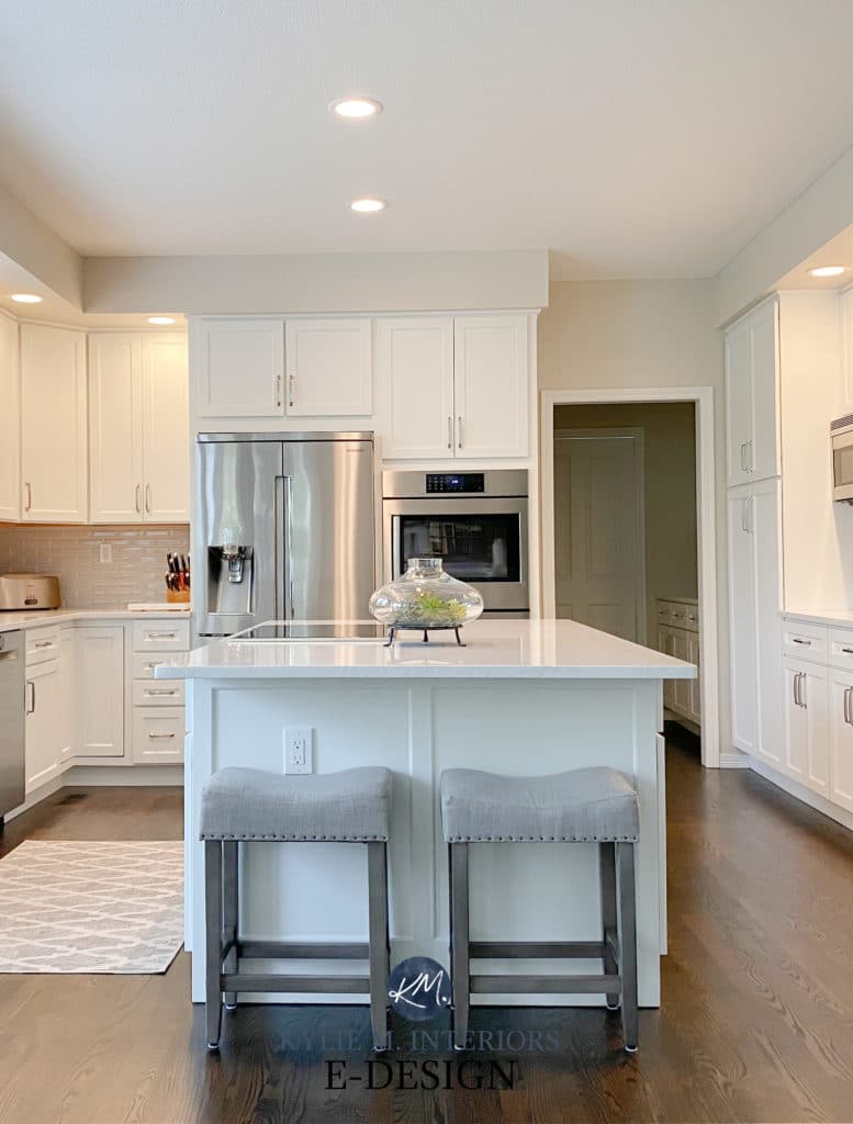 Benjamin Moore White Dove, painted kitchen cabinets (Baby Fawn), island, dark wood floor. Kylie M Interiors Edesign, online consulting and diy