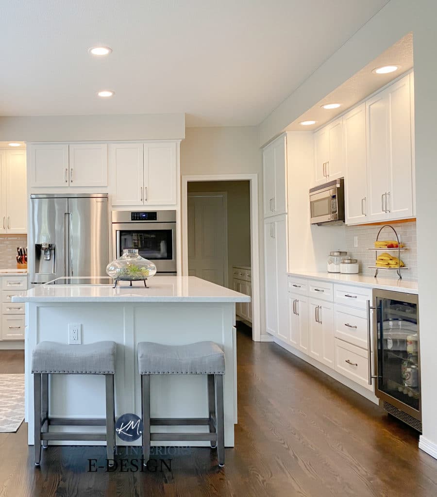 Dark wood floor, kitchen cabinets painted Benjamin Moore White Dove, walls Edgecomb Gray (Baby Fawn), island, Kylie M Interiors online paint color consultant, diy