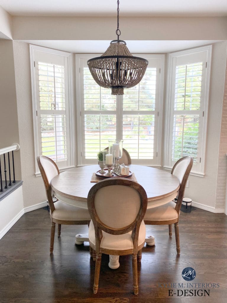 Eating nook, dark oak floor, Edgecomb Gray, White Dove, round table, chandlier. Kylie M Interiors Edesign