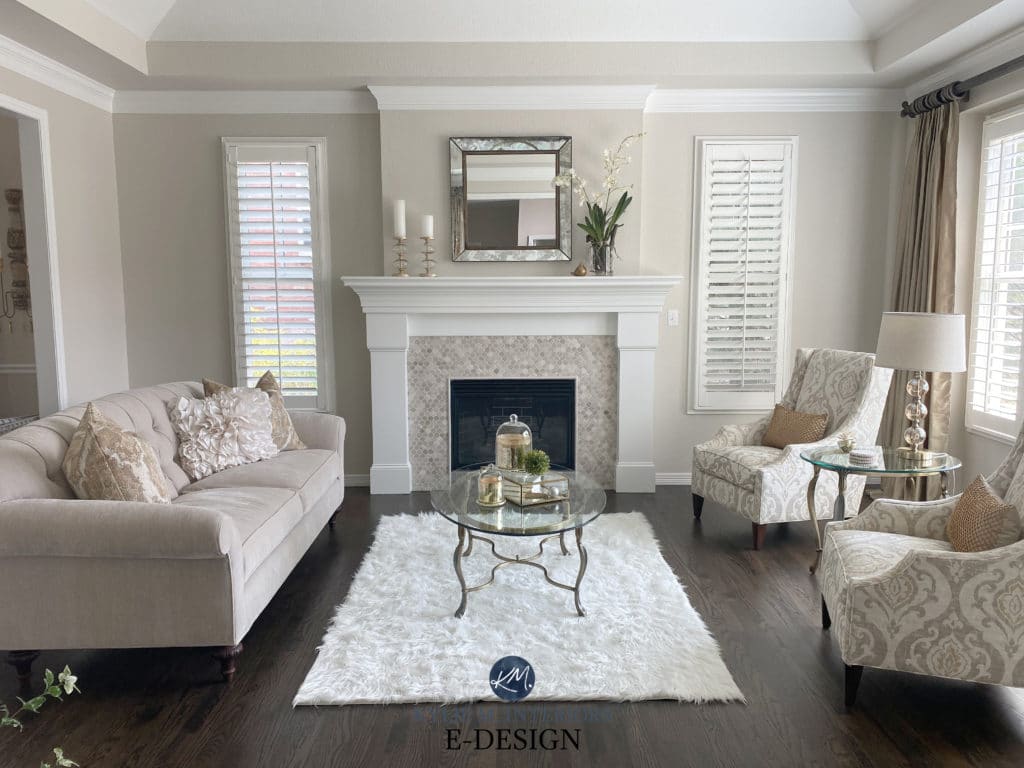 Formal livingroom, travertine tile fireplace surround, dark wood floor. White mantel, greige taupe furniture. Edgecomb Gray walls, White Dove. Kylie M Interiors Edesign, diy consultant