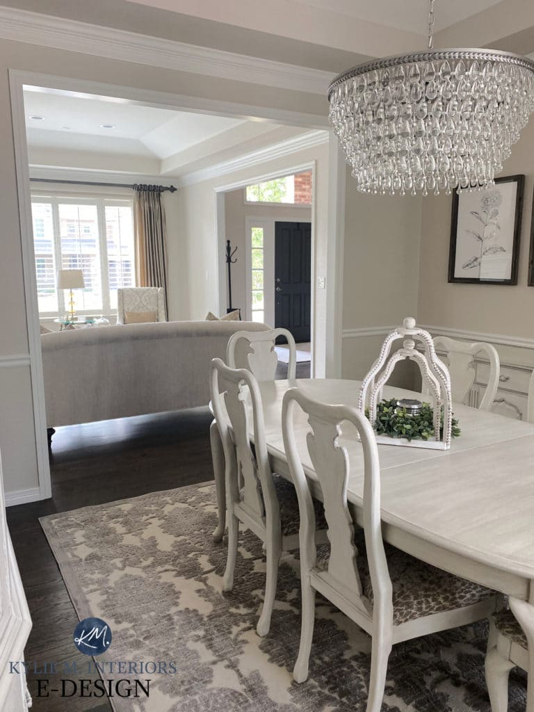 Formal traditional dining room, greige walls in Benjamin Moore Edgecomb Gray, white wash wood furniture. Chandelier. Kylie M Interiors Edesign, online colour consultant