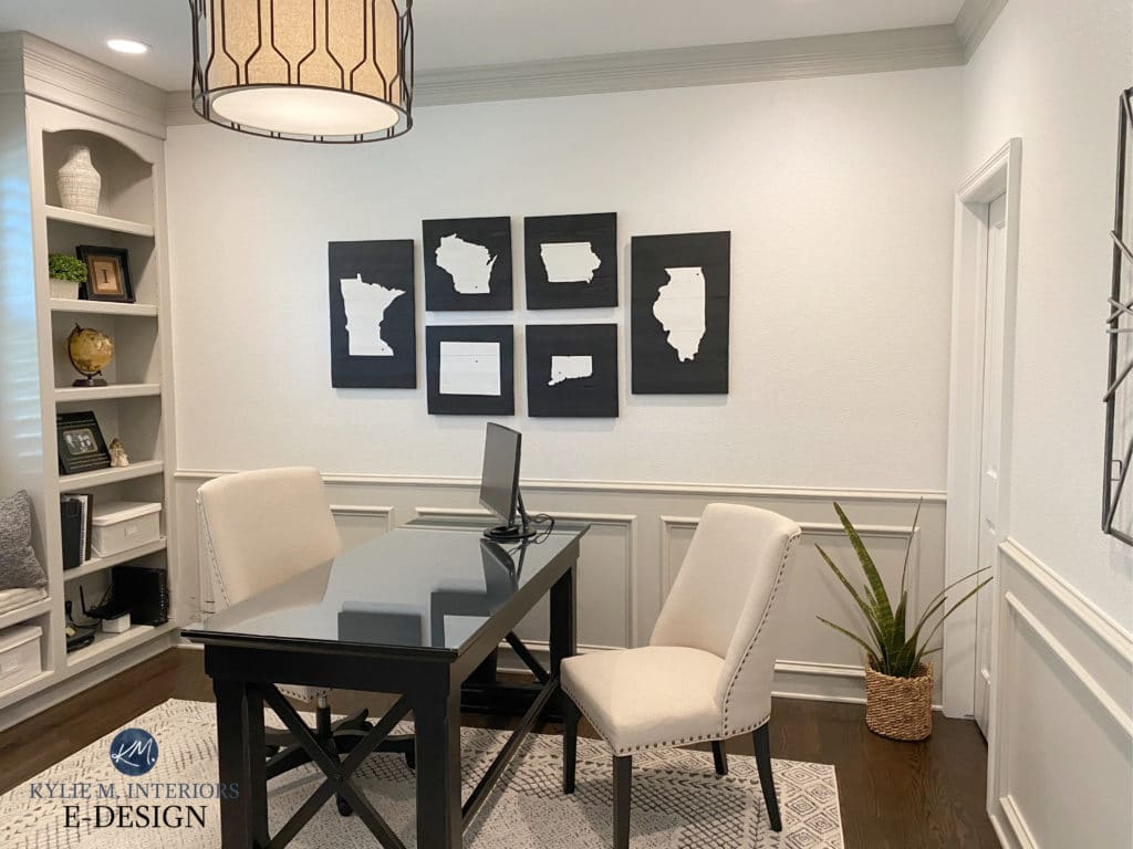 Home office, wainscoting painted Benjamin Moore Revere Pewter and Whtie Dove. Kylie M Interiors Edesign, virtual and diy design and decor consultant. Update ideas